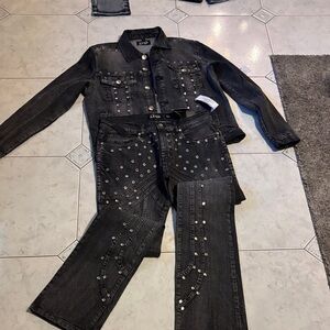 AHP Embellished Black Denim Jacket and Jeans Set Studded Snaps Stacked 34